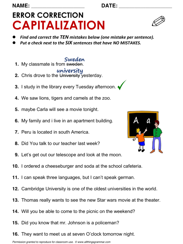 Worksheet for identifying capitalization and punctuation errors in a fun quiz format