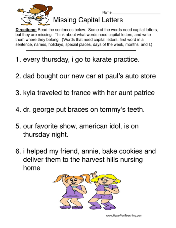 Worksheet for first graders to identify and correct capitalization and punctuation errors