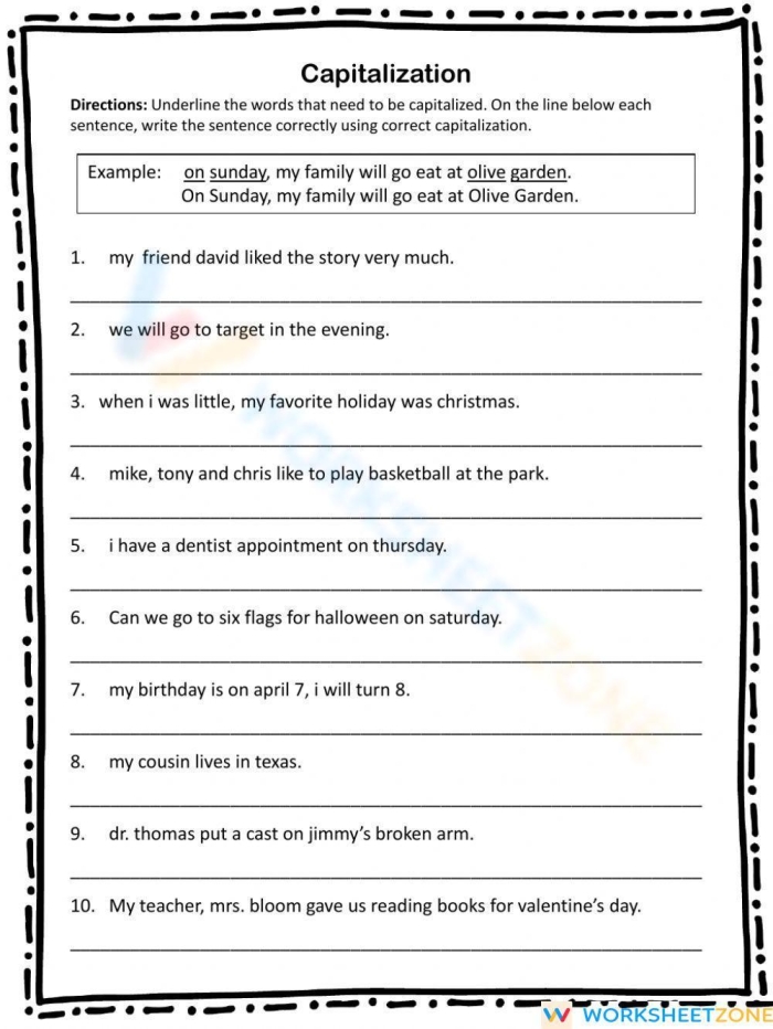 Worksheet for first graders to practice capitalization and punctuation skills