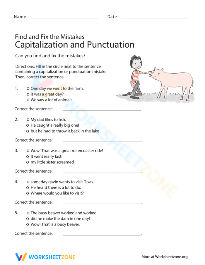 First Grade worksheet for practicing capitalization and punctuation skills