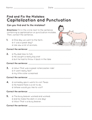 First Grade worksheet on finding and correcting capitalization and punctuation errors