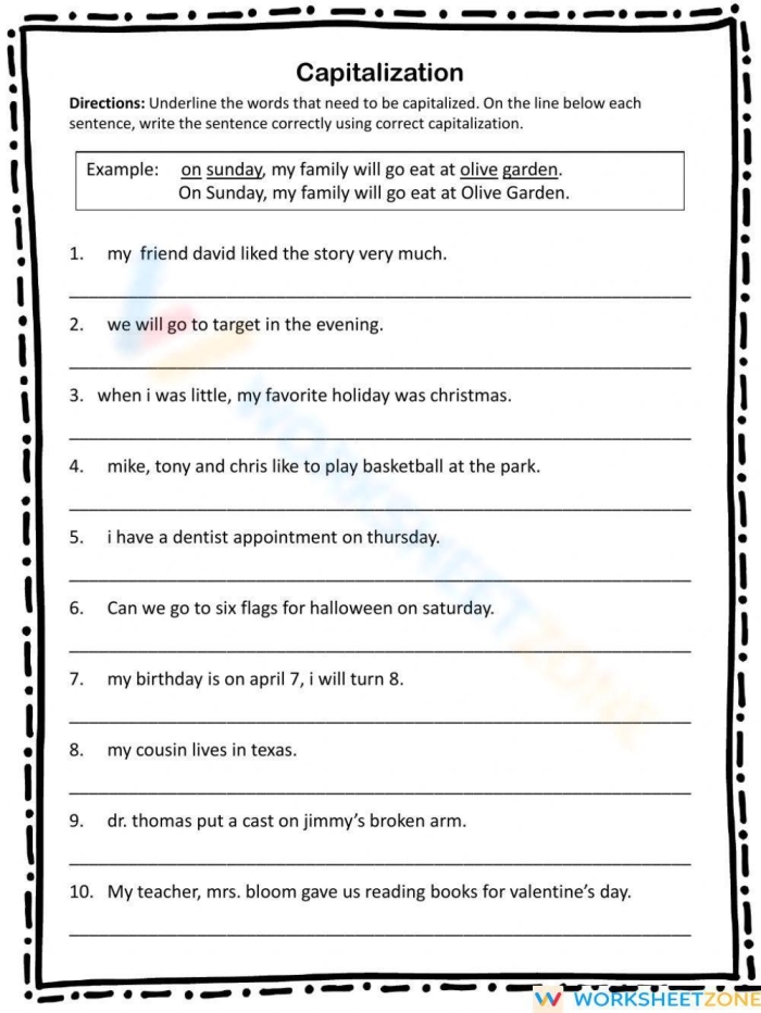 First Grade worksheet focusing on capitalization and punctuation errors