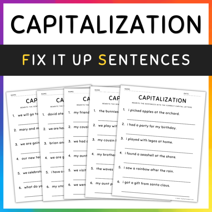 First Grade worksheet on capitalization and punctuation mistakes for young learners