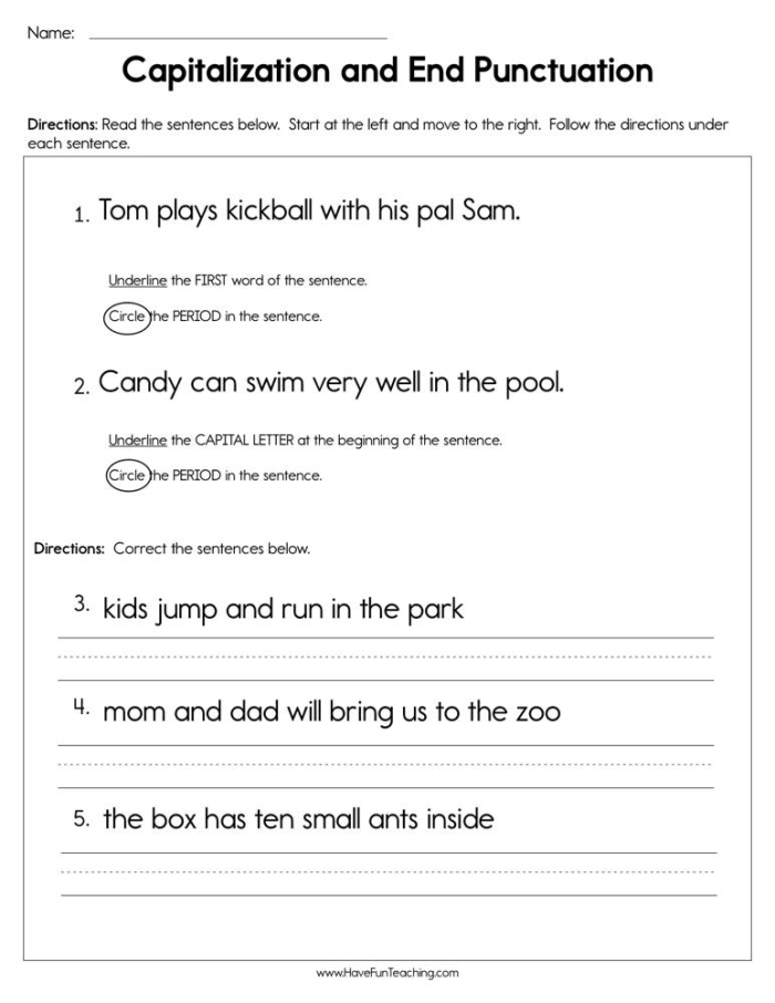 Worksheet for identifying errors in capitalization and punctuation for first graders