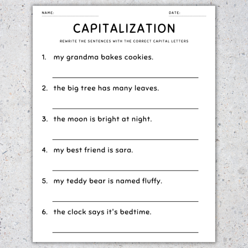 Worksheet for first graders to practice capitalization and punctuation errors