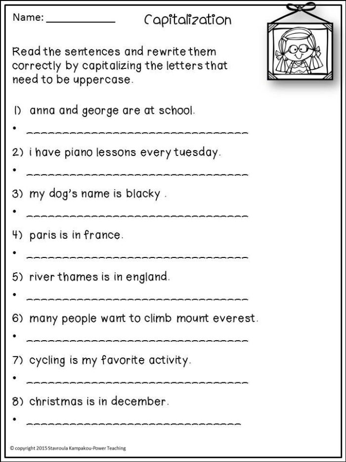 First Grade Capitalization and Punctuation Worksheet for Finding and Fixing Mistakes