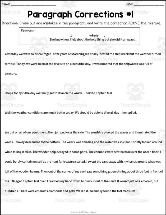 Worksheet for identifying capitalization and punctuation errors for first graders