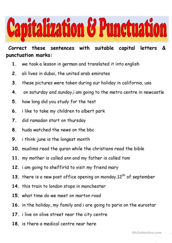 Worksheet for first graders to practice capitalization and punctuation skills