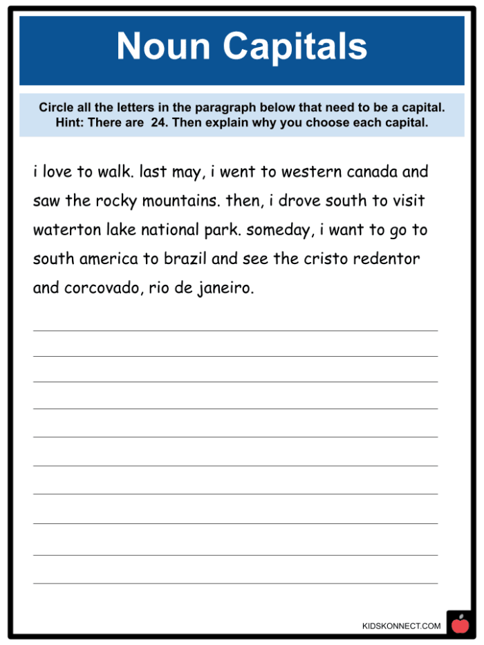 First grade worksheet focusing on capitalization skills with engaging sentence building exercises. Printable resource for practicing capital letters in geometry context.