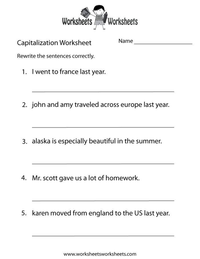Printable worksheet for first graders to practice capitalization in sentence building