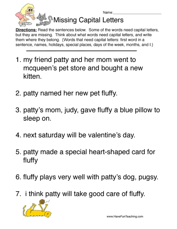 First grade worksheet for practicing capitalization in sentence building