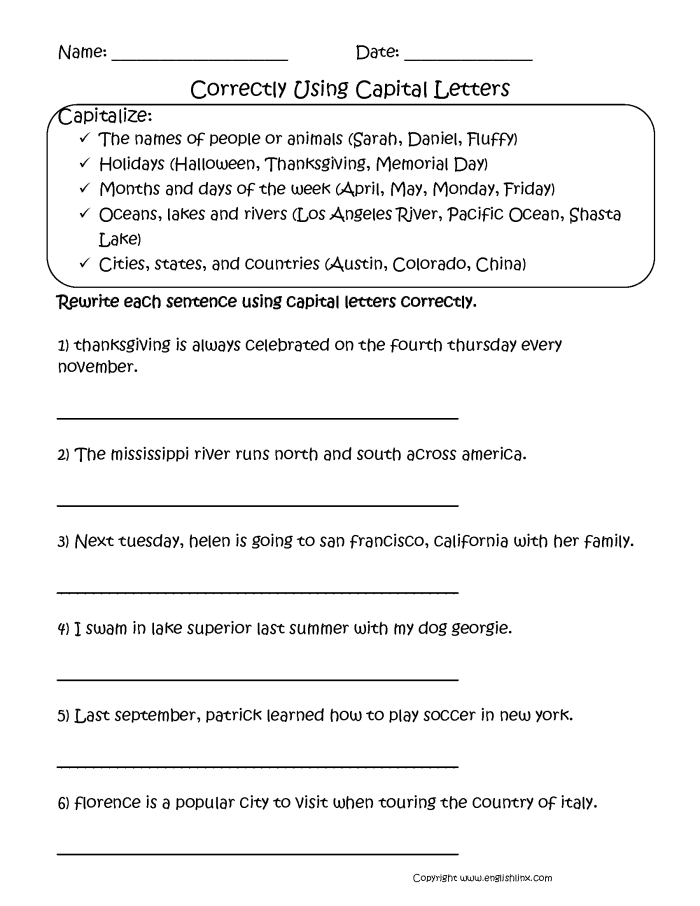 Practice Capitalization worksheet for first graders focusing on sentence building with capital letters