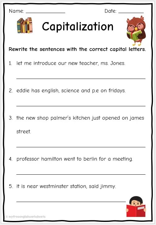 Worksheet for first graders focusing on capitalizing proper nouns in sentences