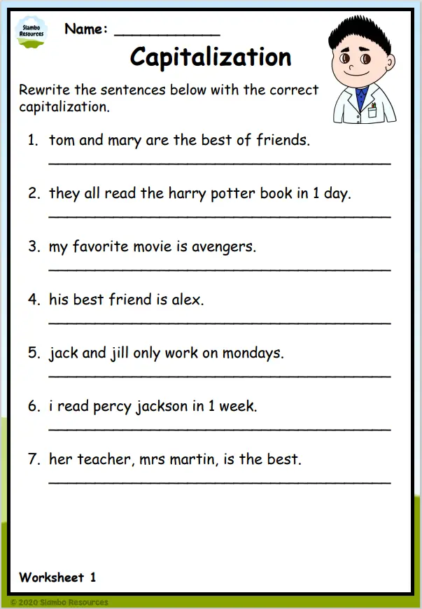 First grade geometry worksheet for practicing capital letters and sentence construction