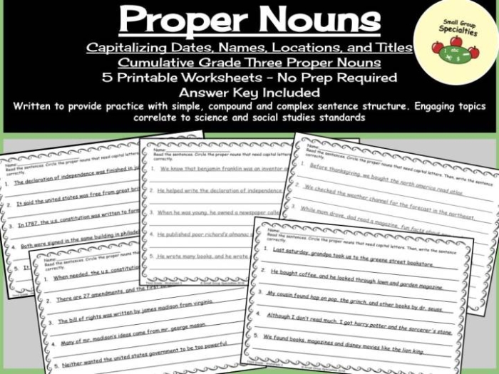 Worksheet for first graders practicing capitalization of proper nouns
