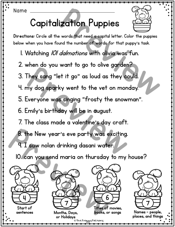 Practice Capitalization worksheet for first graders focusing on sentence building skills. Engaging printable resource to enhance understanding of capital letters.