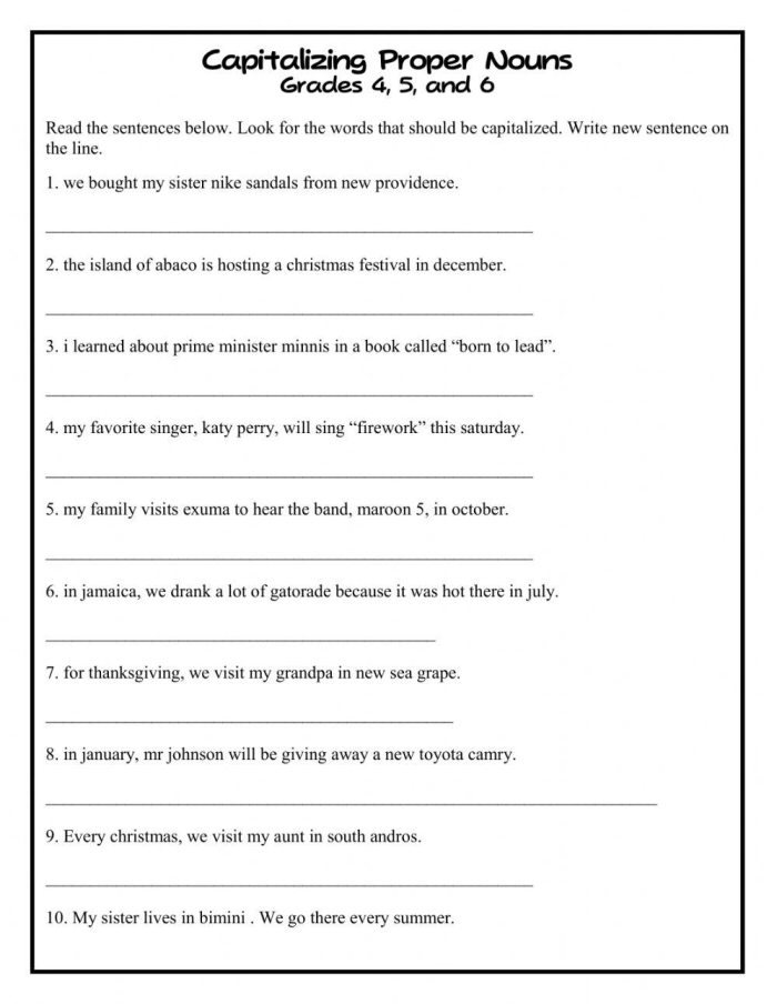 Worksheet for first graders on capitalizing proper nouns