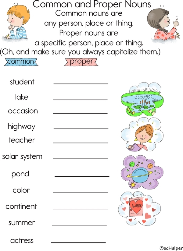 First grade handwriting worksheet focusing on capitalizing proper nouns with five example sentences. Get into Grammar: Capitalizing Proper Nouns worksheet for young learners.