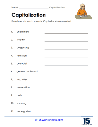 Worksheet for first graders focusing on capitalizing proper nouns with five sentences to rewrite. Get into Grammar: Capitalizing Proper Nouns worksheet for handwriting practice.