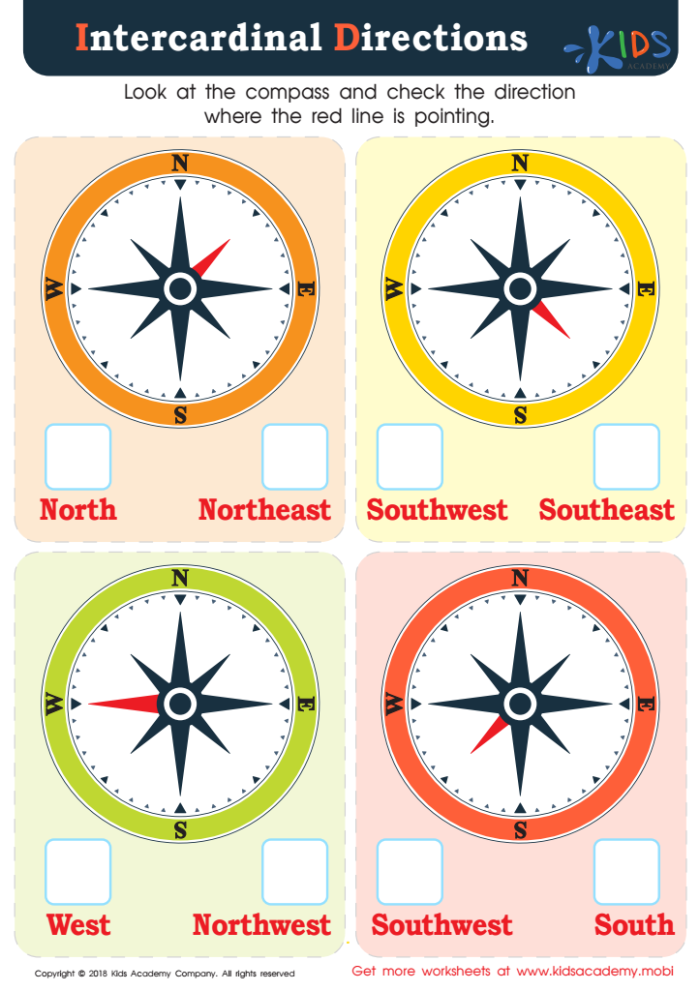 First grade worksheet using a compass rose to identify cardinal directions on a U.S. map