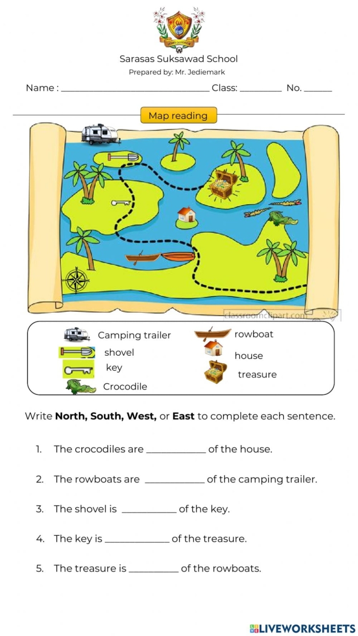 A first-grade student engaging with a map reading worksheet that teaches cardinal directions