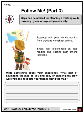 Colorful map reading worksheet for first graders focusing on cardinal directions