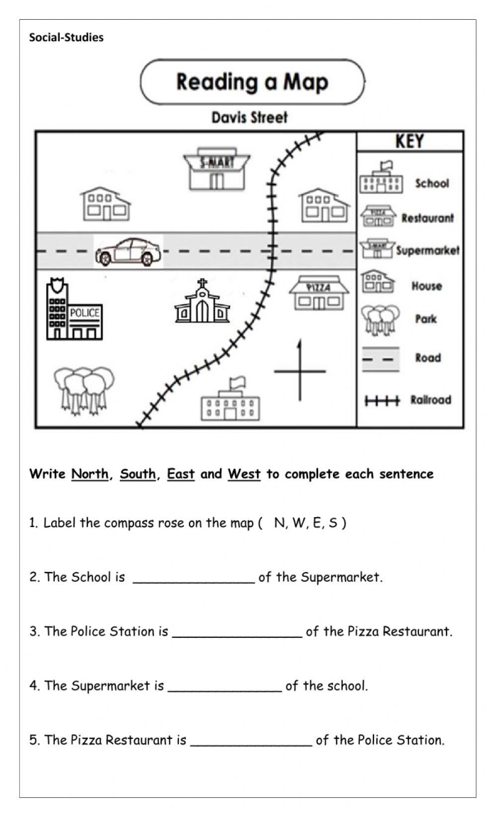 First grade student completing a cardinal directions map reading worksheet