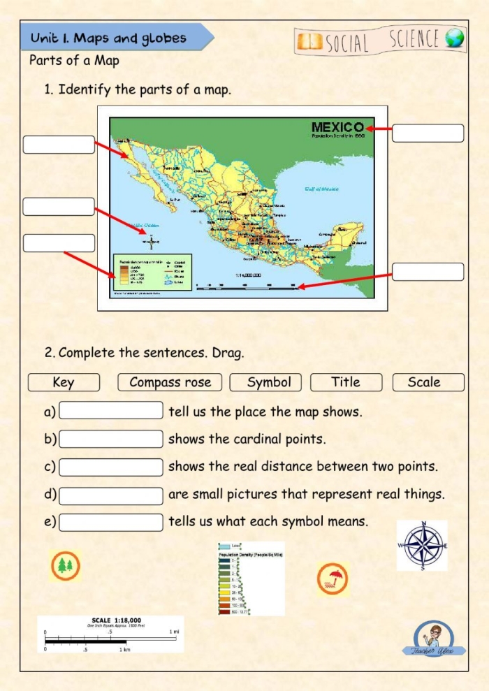 First grade student using a map reading worksheet to learn cardinal directions