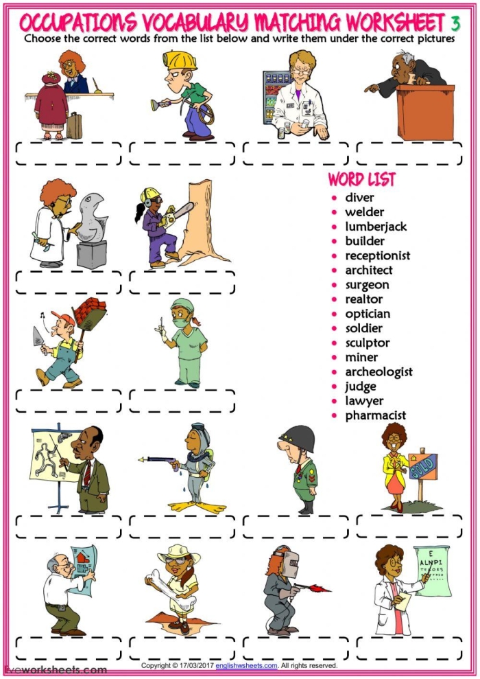 First Grade Different Types of Jobs Drawing and Writing Activity 14 Children drawing pictures of different jobs and writing job names and descriptions on a first grade worksheet
