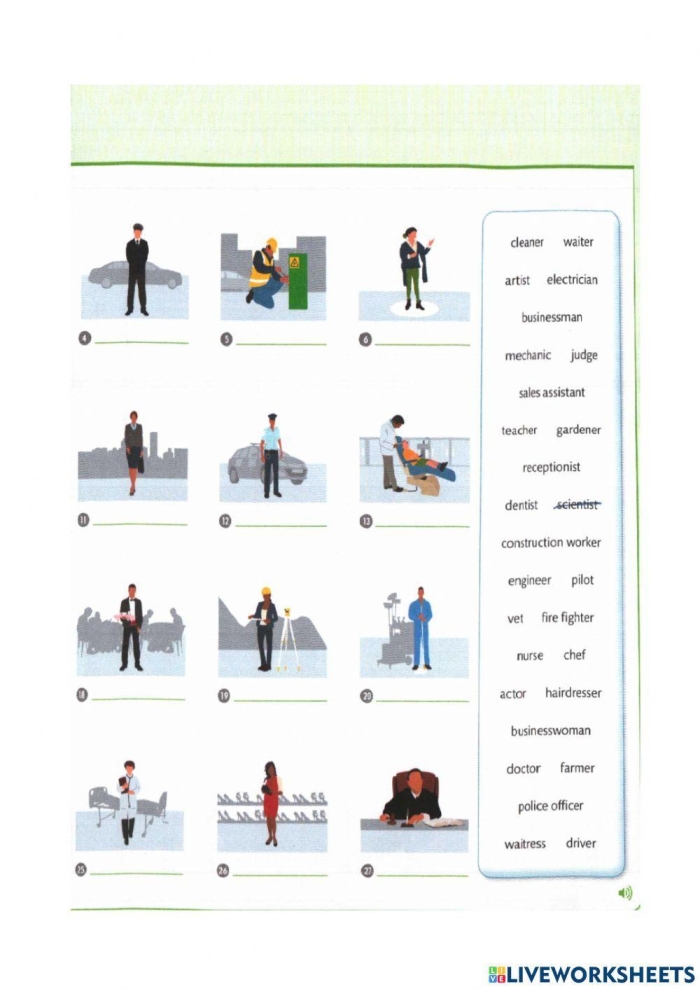 Worksheet activity showing children illustrating various occupations and writing job names with task descriptions First grade students drawing pictures of three different jobs with labels and descriptions of what workers do