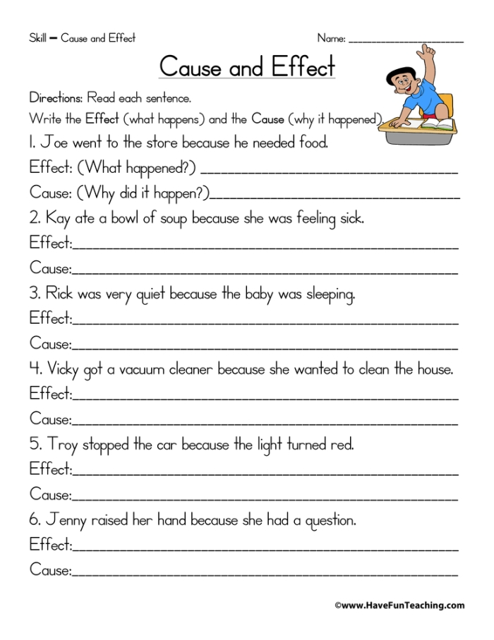 First grade reading worksheet focusing on identifying cause and effect relationships for children