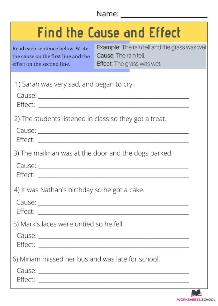 First grade worksheet on cause and effect concepts for children learning about integers. Educational resource for building comprehension skills in young learners.