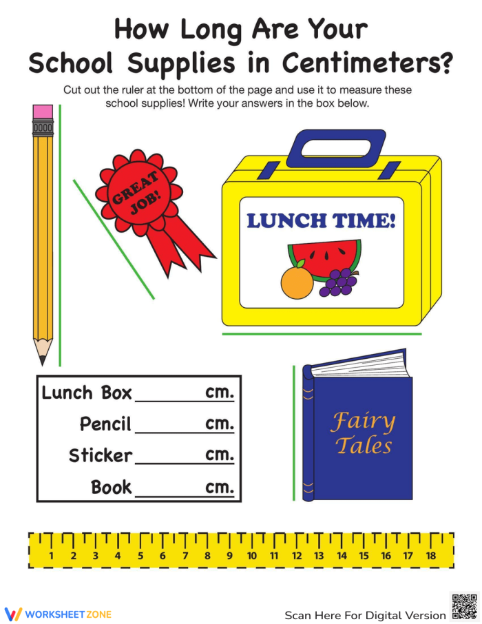 First grade student using a mini ruler to measure objects in centimeters on a practice worksheet