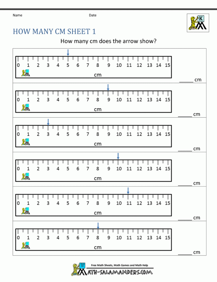 A first grade worksheet showing a ruler measuring pencils and erasers in centimeters