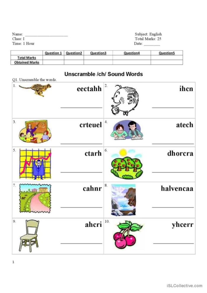 Visual aid for first graders focusing on "ch" word identification Worksheet featuring words that begin with "ch" for phonics activities