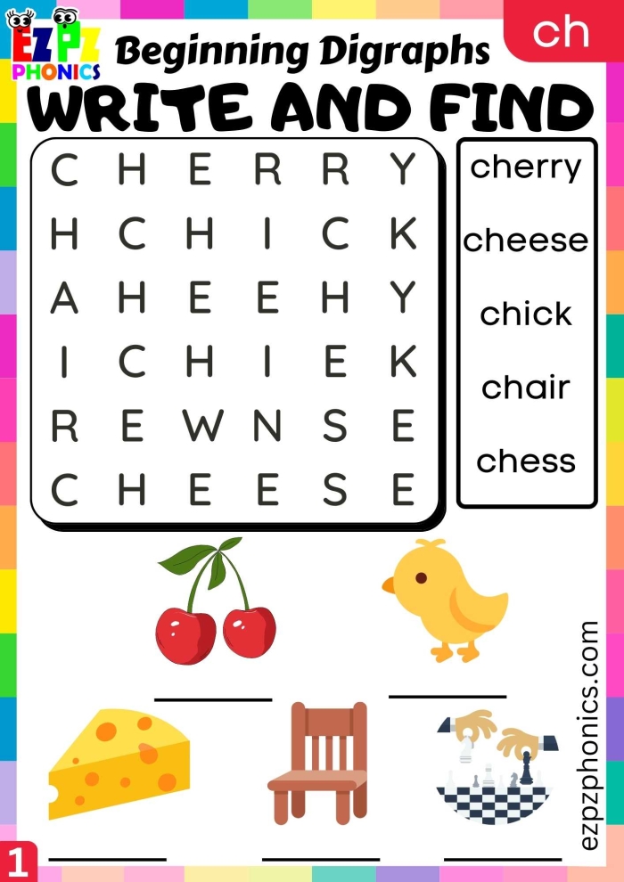 Words That Start With Ch Worksheet for First Grade Learning Worksheet featuring words that begin with "ch" for phonics lessons