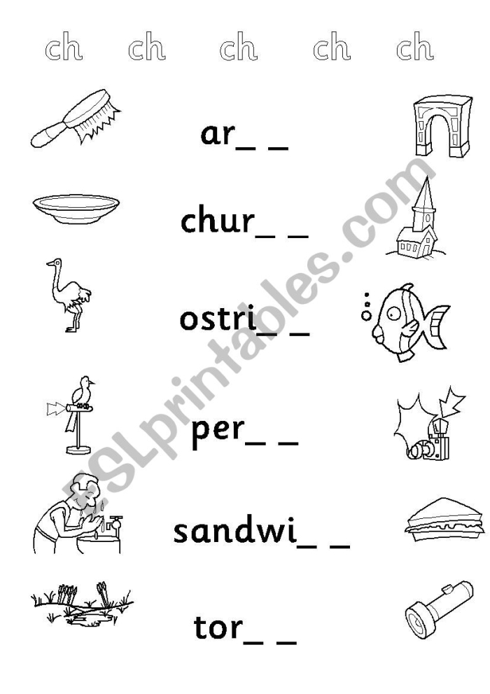 Educational resource for teaching first graders words that start with "ch Worksheet featuring words that begin with "ch" for first grade phonics lessons