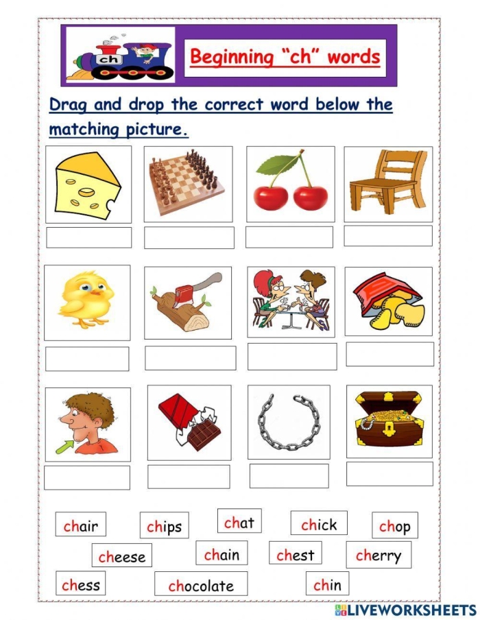 Educational resource image for "Words That Start With Ch" worksheet Worksheet featuring words that begin with "ch" for first-grade phonics lessons