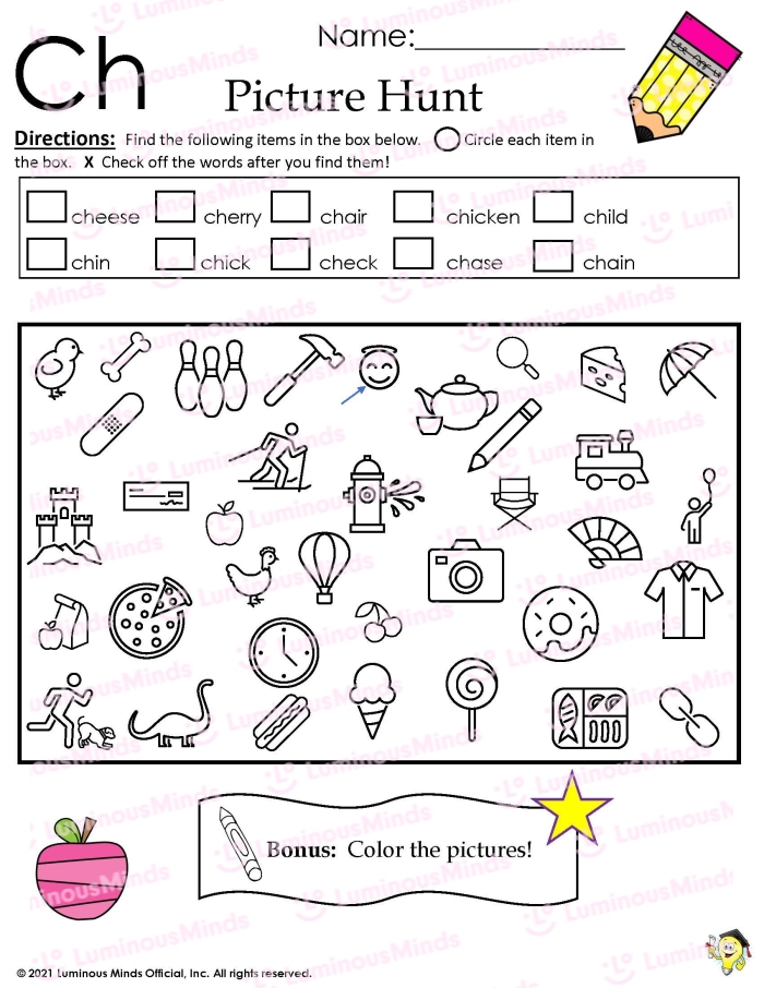 First-grade phonics worksheet with "ch" word list for lesson planning Worksheet featuring words that begin with "ch" for phonics lessons