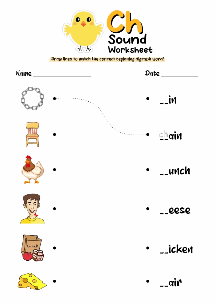 Words That Start With Ch Worksheet for First Grade Phonics Lesson Planning Worksheet featuring words that begin with "ch" for first grade phonics activities