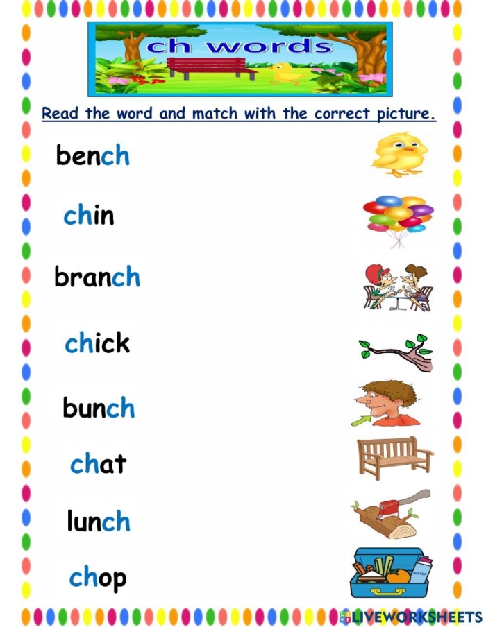 Phonics lesson plan resource for teaching "ch" words Worksheet featuring words that start with "ch" for first graders