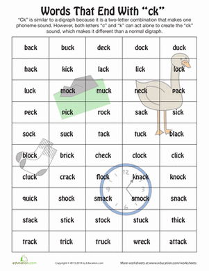 Worksheet featuring phonics words that end with "ck" for first graders