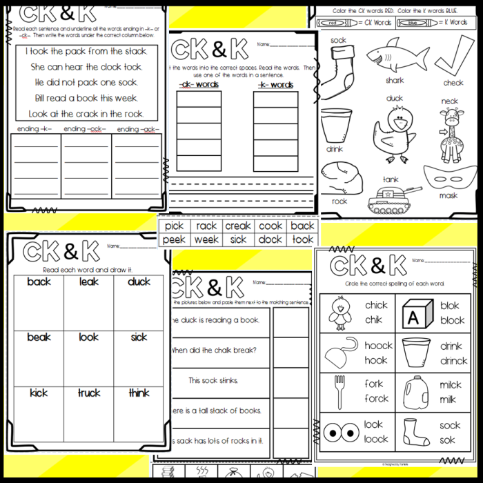 Worksheet featuring words that end with "ck" for first graders