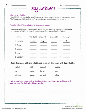 Worksheet for counting syllables with clapping activities for first graders