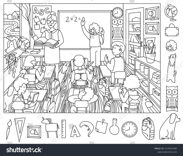 First grade hidden object worksheet featuring a classroom scene where students search for a lost rabbit