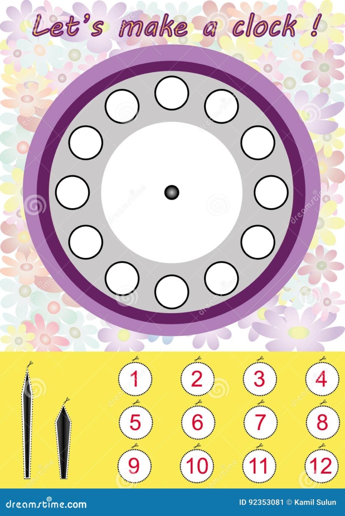 Fun and educational Make a Clock worksheet for young learners. Worksheet for first graders to color and design their own clock for learning time.
