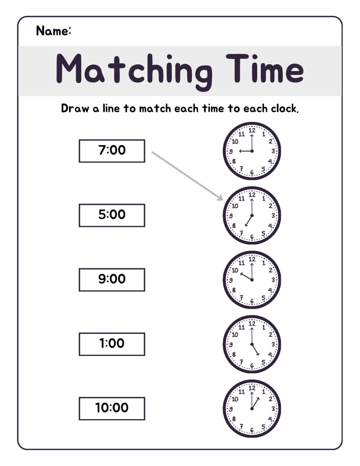 Match the Clock II worksheet for teaching time skills to young learners First grade worksheet for matching clock faces with written times