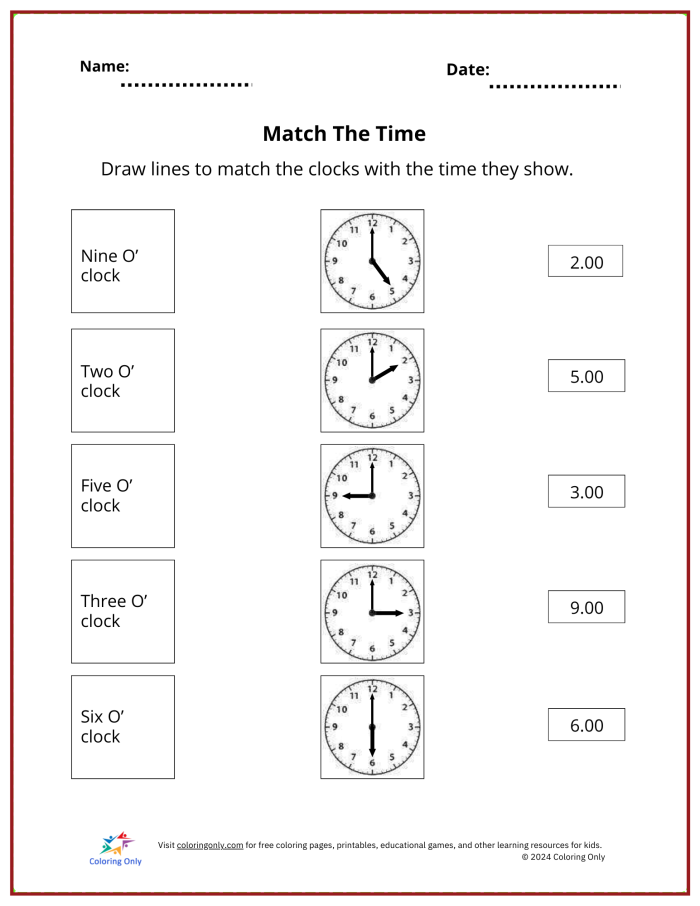 Match the Clock II worksheet for enhancing time-telling skills in social studies Worksheet for first graders to practice matching clock faces with written times