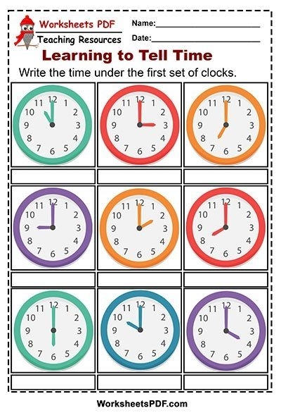 Worksheet featuring analog clocks for first graders to practice telling time