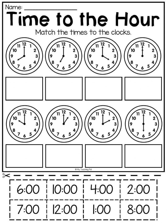 First grade student working on a Time Mix Up worksheet with analog clocks